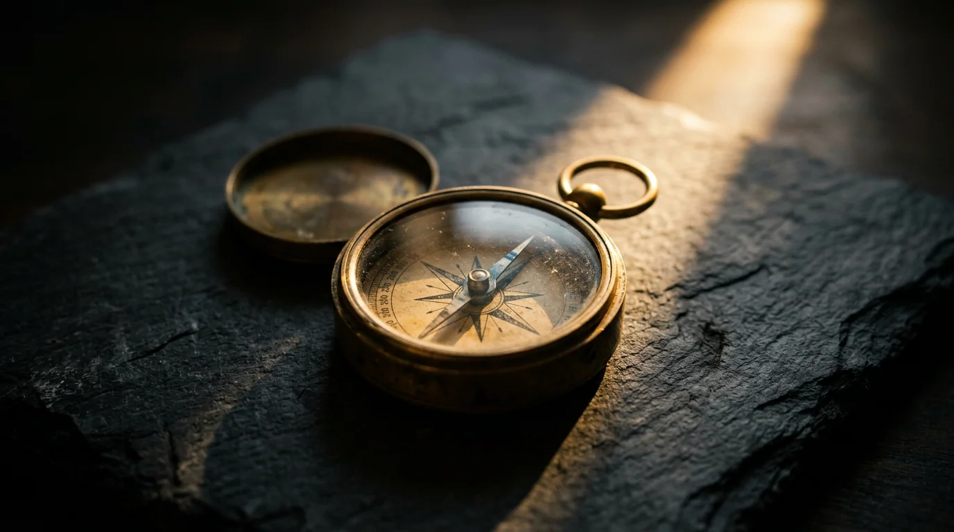 A brass compass open on a piece of slate