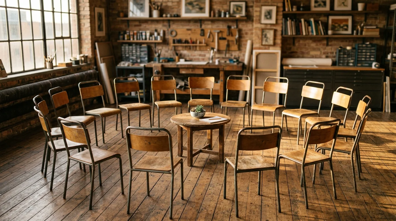 A circle of empty wooden chairs around a small round table in a workshop room, late afternoon light coming through tall industrial windows