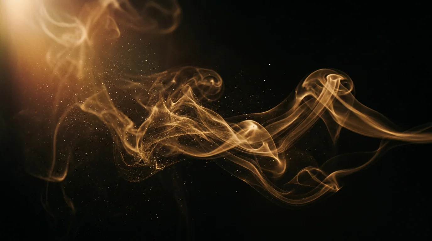 Gold smoke rising into a dark room, dust catching the light from a single source on the left