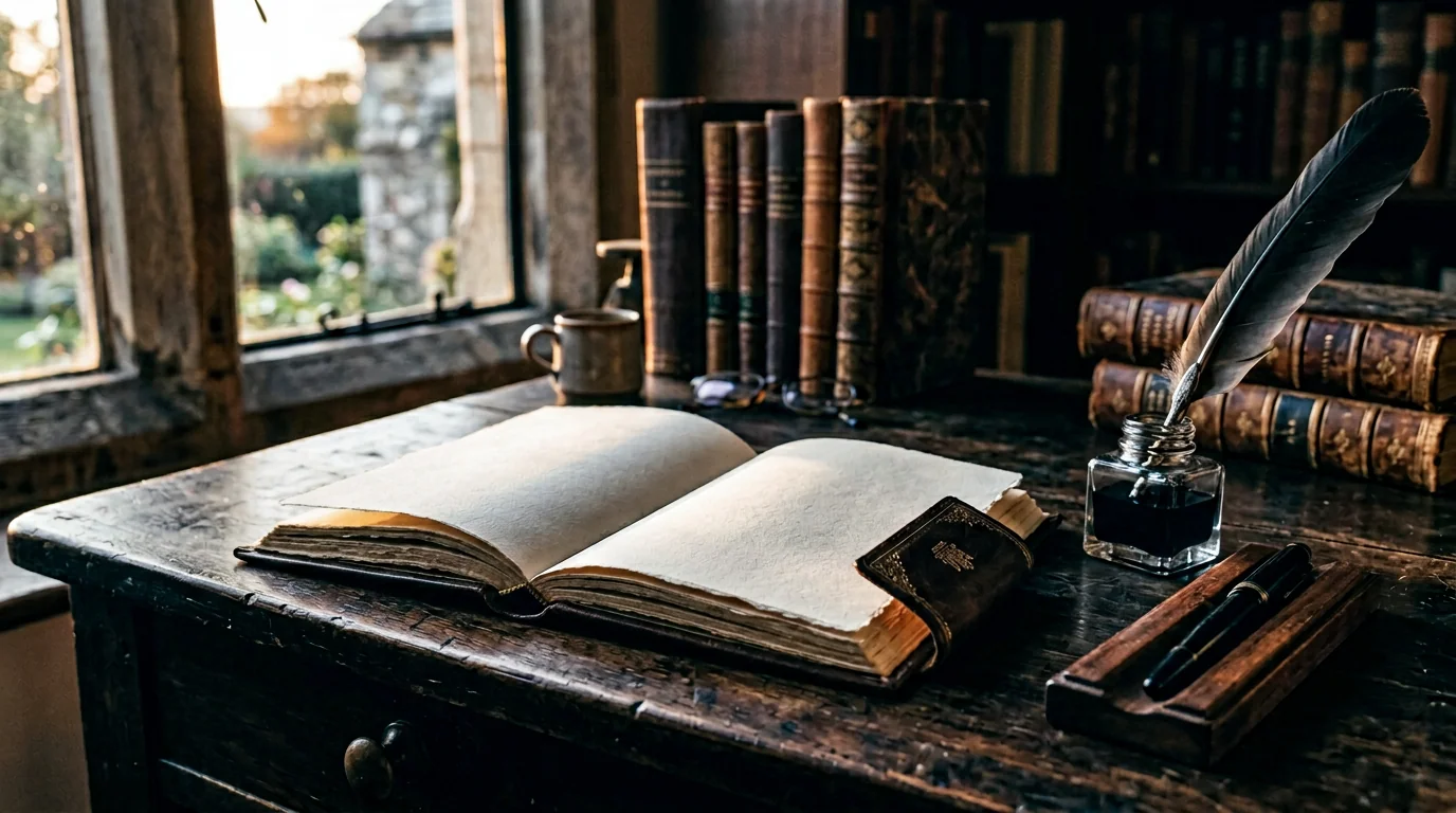 An open leather-bound journal on a dark wooden desk at sunrise