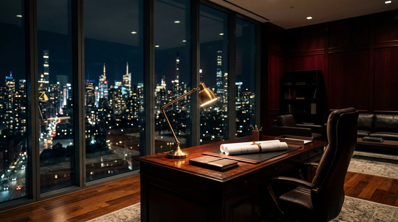 A corner executive office at night, brass desk lamp pooling light over rolled blueprints, a leather chair, floor-to-ceiling windows opening onto a city skyline