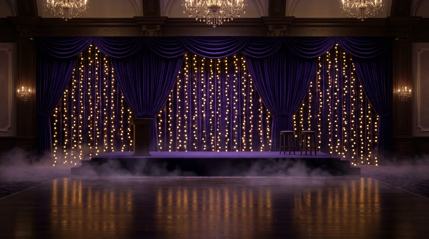 A grand ballroom at night: chandeliers, deep violet curtains framed in fairy lights, low fog rolling across a polished floor