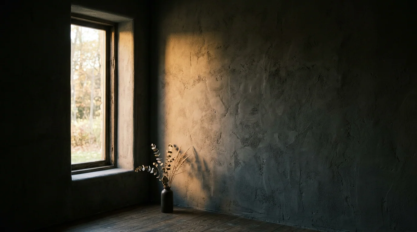 A quiet stone room: a single tall window throwing afternoon light onto a textured wall