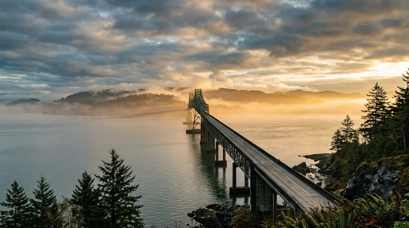 A coast bridge crossing a fog-banked sound at sunrise, dark conifers in the foreground, the road carrying across the water