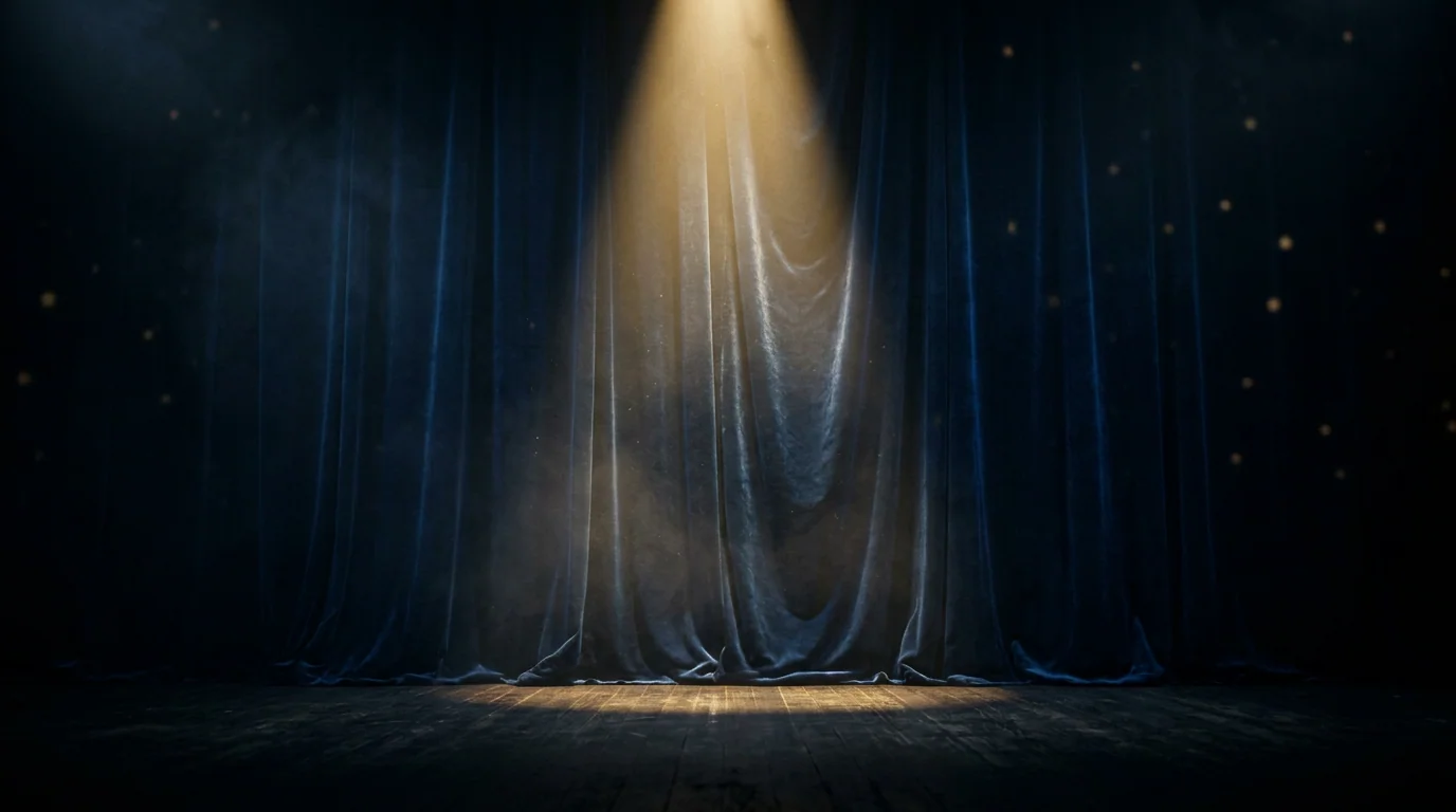 A dark velvet stage at night, a single shaft of light pooling on bare boards, dust rising in the cone of the spotlight