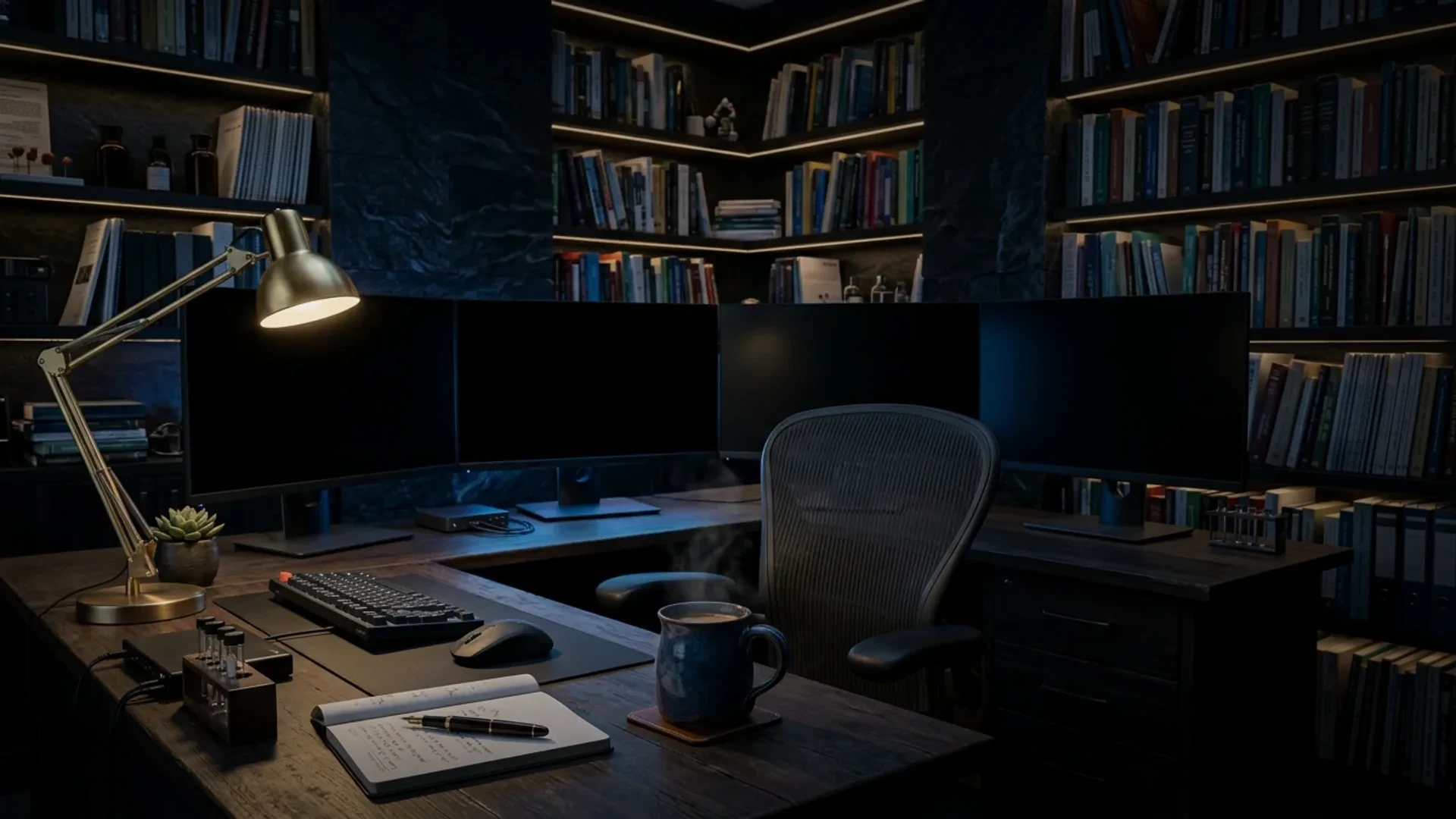 A practice room at night. Brass desk lamp pooling warm light over a journal, fountain pen, and a steaming ceramic mug. Bookshelves lining the walls, a wide curved desk, an Aeron chair turned to one side.