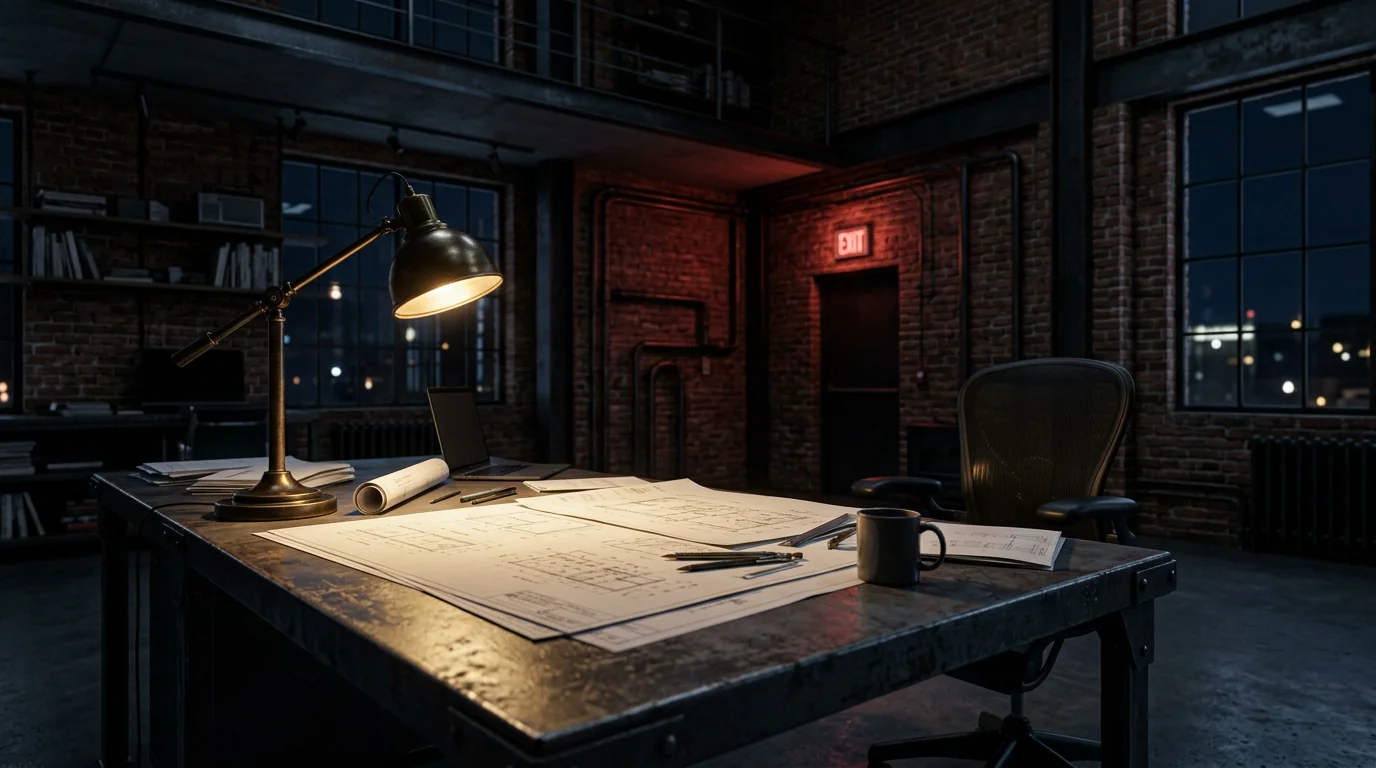 An industrial loft at night under a brass lamp, blueprints across the table