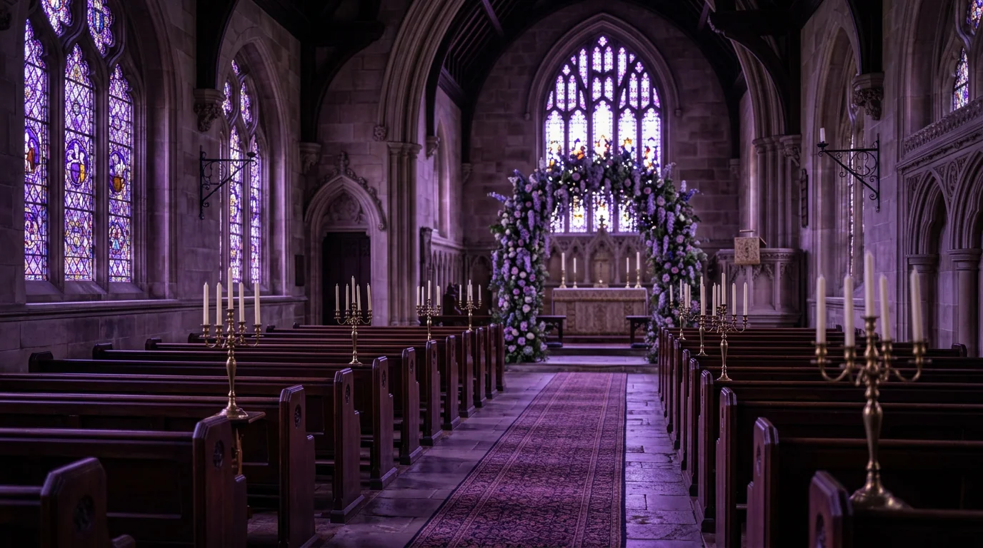 A gothic cathedral interior at dusk, violet stained glass throwing light, candelabras lining the pews
