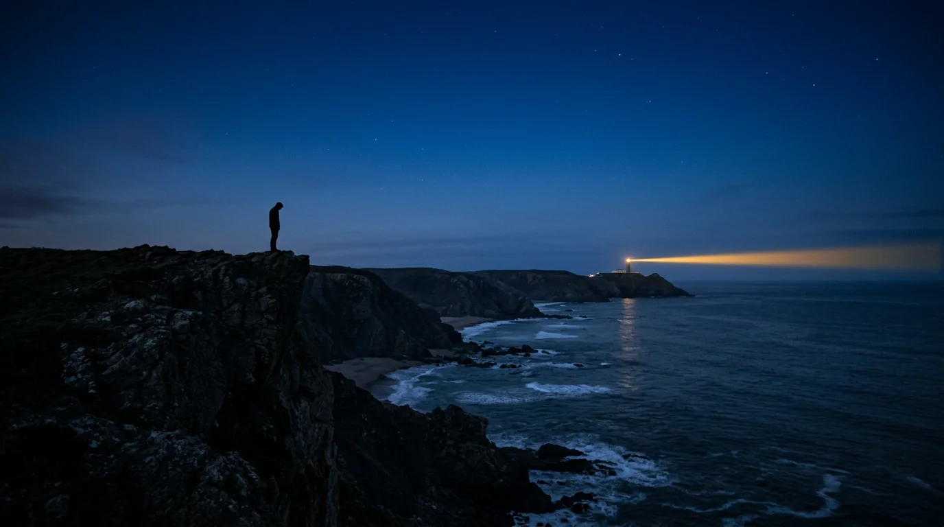 A figure on a sea cliff at dusk, lighthouse beam crossing distant water
