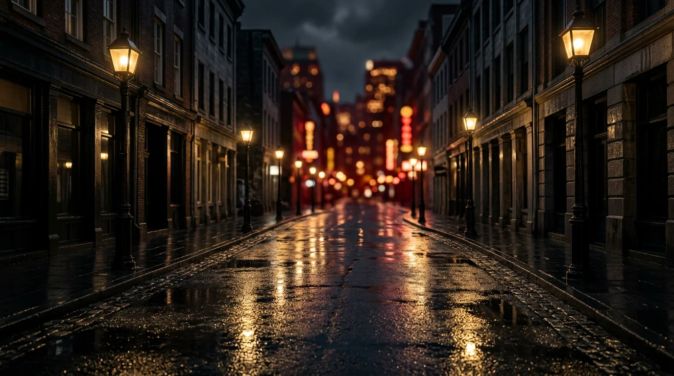 A dark passage marked by warm lights leading forward