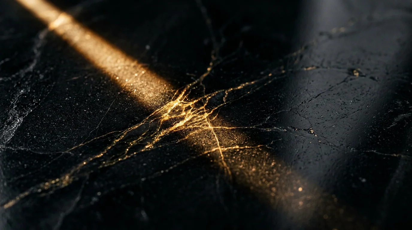 Black marble veined with gold, light raking across