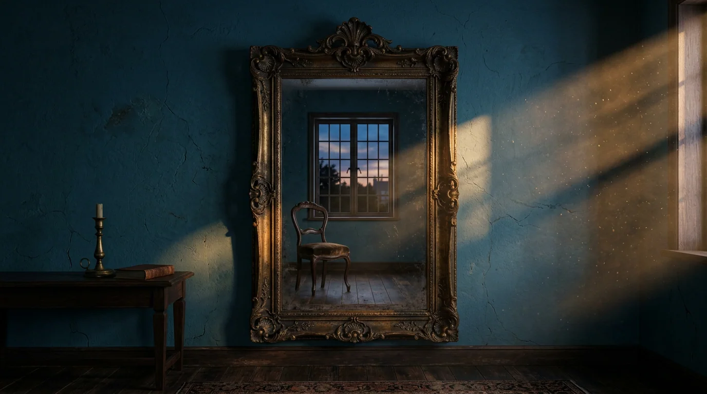 A woman seated in low candlelight, hand to chest, gaze turned inward, the room held still around her